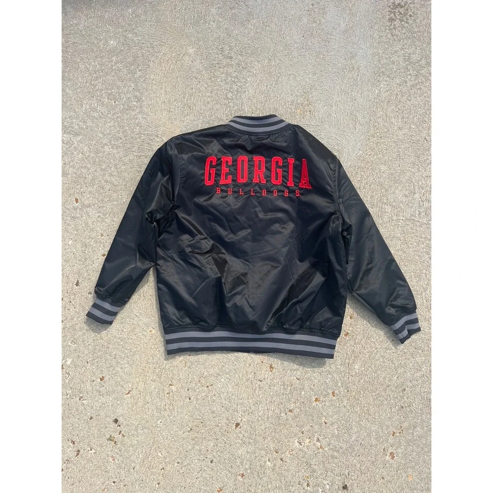 University Of Georgia Bulldogs Satin Bomber Jacket Mens M Black Full Zip